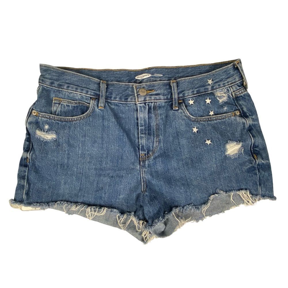 Old Navy Star Embroidered Distressed Denim Shorts Raw Hem Boyfriend 8